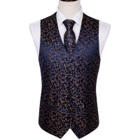 Barry.Wang Mens Classic White Floral Jacquard Silk Waistcoat Vests Handkerchief Party Wedding Tie Vest Suit Pocket Square Set