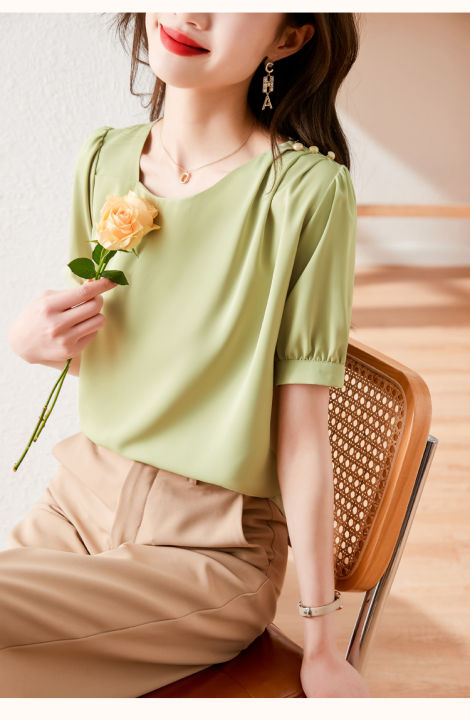 rehin-เสื้อชุดซาตินแขนสั้นผู้หญิงลำลองสไตล์เกาหลีแบบใหม่ฤดูร้อน-เสื้อเชิ๊ตสตรีเข้ารูปหรูหราทางปัญญาสำหรับผู้หญิง