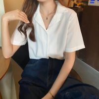 [Ready stock]Loose Blouse Suit Collar College Style Light White Short Sleeve Shirt Wear Top Women