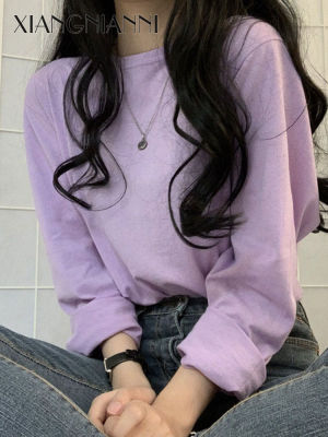 XIANG NIAN NI เสื้อยืดแขนยาวฉบับภาษาเกาหลีสีทึบใหม่,เสื้อผู้หญิงเสื้อผ้านักเรียนทรงหลวม