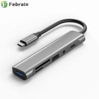 FEBRAIN 6 In 1 PD เครื่องอ่านการ์ดความจำสัญญาณเสียง3.5มม. 4K HDMI USB C ฮับ Type-C ตัวแยกแท่นวางมือถือ