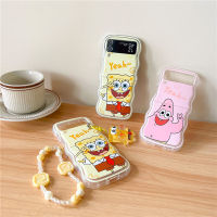 เคสลายหยักสำหรับ Samsung Galaxy Z Z Flip5 Flip4 Flip3 5G นิ่ม TPU น่ารัก SpongeBob ป้องกันการตกฝาปิดมีสายรัดข้อมือ + จี้