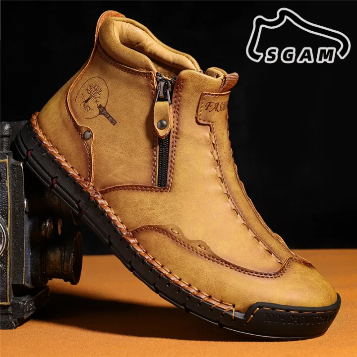 Men's Hand Stitching Leather Casual Shoes Loafers Ankle Boots Hiking ...