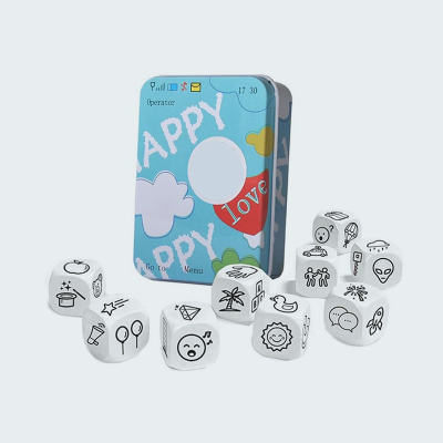 Play Game👉 Story Dice Puzzle Board Game Telling Story Metal Boxes Family/Party/Friends Parents with Children Funny English Game