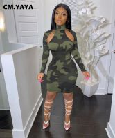 CM.YAYA Full Sleeve Hollow Out Camouflage Knee-length Dress for Women Sheath Elastic Turtleneck Sexy Club Bar Party Dresses Fall