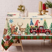 【cw】 Christmas Gnome Snowman Truck Washable Vintage Ornament Table Cover for Picnic Party Outdoor Dinner Restaurant Table Cloth ！