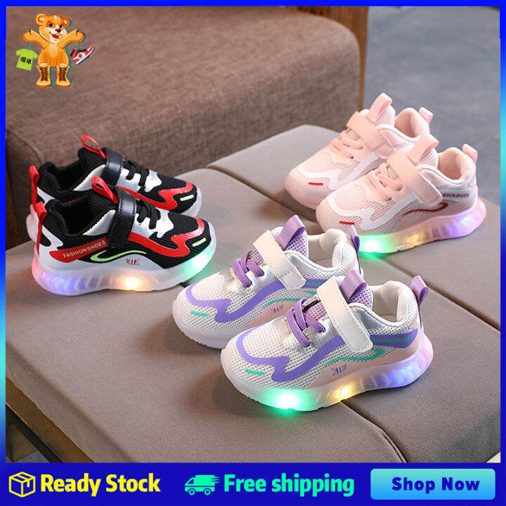 Kids Shoes Girls Korean Fashio Classic LED Running Shoes Velcro Soft ...