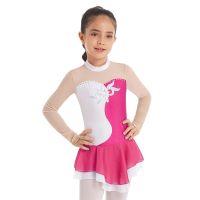 Kids Girls Figure Ice Skating Dress Mesh Long Sleeve Sequins Ballet Dance Gymnastics Leotard Dress Skating Competition Costume