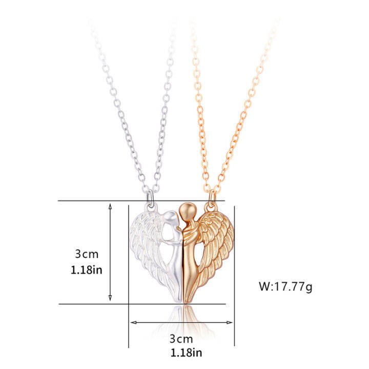 lahde-2ชิ้นแฟชั่นกอดปีกนางฟ้าสร้อยคอรูปหัวใจหินแม่เหล็กคู่45-5ซม