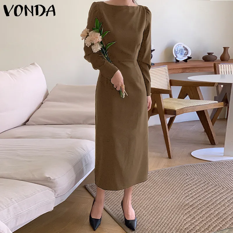 VONDA Women Formal Office Solid Dresses Business Causal O-Neck Long Sleeve  Midi Dress (Korean Causal) | Lazada Singapore