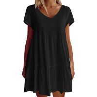 Women Summer Solid Color V Nec T-Shirt Dress Loose Casual Short Sleeve Summer Tunic Short Flowy Swing Black Dress 2022 Robe