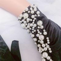 ผู้หญิง Elegant Pearl Beaded สีดำซาตินถุงมือหญิงฤดูใบไม้ผลิฤดูร้อน Vintage ครีมกันแดดขับรถถ่ายภาพถุงมือ R423