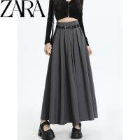 Zara6.4ชุดสูทสีเทาแท้,กระโปรงมีจีบคลุมเข่าเอวสูงผ้าบางเอวสูงทรงเอสำหรับฤดูใบไม้ผลิและฤดูใบไม้ร่วง