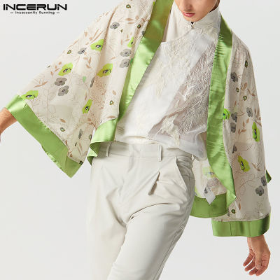 INCERUN เสื้อกิโมโนแขนยาวสำหรับผู้ชายลายดอกไม้แบบไม่สม่ำเสมอเสื้อคาร์ดิแกนพลิ้วไหวขอบชุดประจำชาติ (สไตล์จีน)