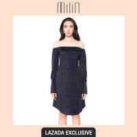 [EXCLUSIVE] [MILIN] Off shoulder long ruched sleeve draped waist midi dress เดรสสั้น เปิดไหล่ แขนยาว กระดุมซ่อนด้านหน้า ผ้าลายคลื่น Savells Dress สีน้ำเงิน/ สีเทา Navy/ Grey