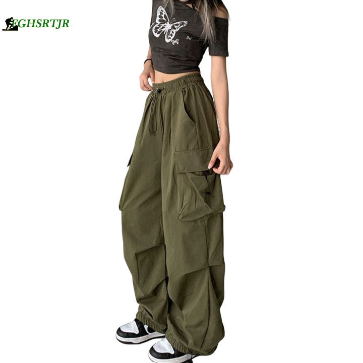 ชุดเอี๊ยมขากว้างของผู้หญิงชุดหลวมสีเขียวทหาร-ดำสำหรับฤดูใบไม้ผลิและฤดูใบไม้ร่วง