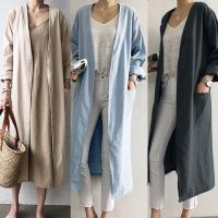 PRETTY Women Long Sleeve Open Front Side Pockets Solid Color Cotton Long Cardigan