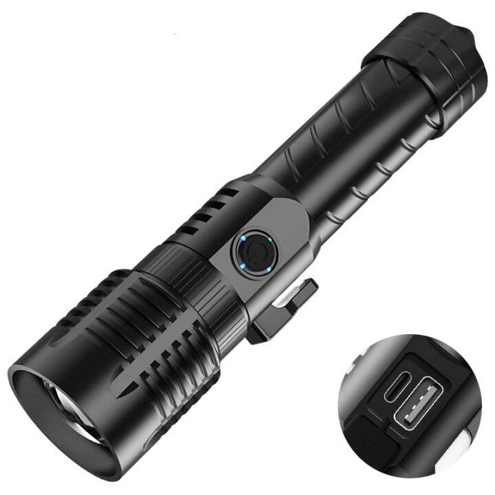 Powerful Flashlight USB Chargeable Multifunction High Power Led Flashlights with Safety Hammer