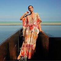 ZZOOI 2020 Bohemian Printed Deep V-neck Bats Sleeve Summer Beach Dress Chiffon Tunic Women Plus Size Beachwear Boho Maxi Dresses A146