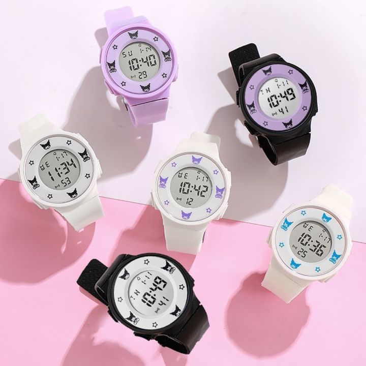 sj-sanrio-kuromi-นาฬิกาสไตล์ใหม่นักเรียนผู้หญิงมัธยมต้นเด็กผู้หญิงฉบับภาษาเกาหลีเด็ก-jam-tangan-elektronik-กันน้ำสำหรับกีฬา
