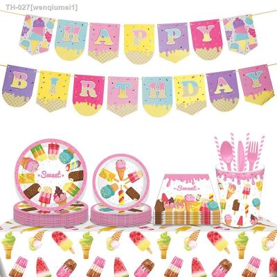 ✺▪▩ Lovely Dessert Party Plates Napkins ice cream tablecloth plate Cup for Sweet Party Supplies happy birthday decorations