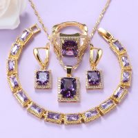 Mexican Jewelry Sets Gold-Color Romantic Wedding Bridal Accessories Purple Crystal NecklaceAnd Earrings Bracelet Sets