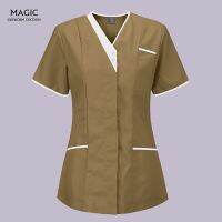 Solid Workwear Uniform Women Scrub Tops Short Sleeve Girl Outfit Beauty Salon Working Clothes Irregular Collar Healthcare Tunic