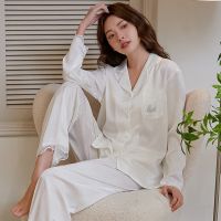 [Cool feeling] spring and summer lapel long-sleeved ice silk home service jacquard high-quality pajamas womens suit wholesale top