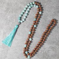 Japamala Beaded Knotted Necklace Rudraksha108 Mala Rosary Blessing Yoga Meditation Jewelry Buddha Head Tassel Pendant