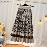 Autumn Winter Knitted Skirt For Women 2021 High Waist A-Line Warm Midi Skirts Womens Casual Leopard Jacquard Pleated Long Skirt