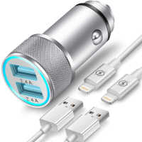 ที่ชาร์จแบตในรถอะแดปเตอร์ไฟแช็คโลหะ2.4A มี2สายเคเบิลหลอดไฟช่องเสียบ USB พอร์ตคู่พร้อมไฟ LED สามารถใส่ได้กับ iPhone 13/12/11/Pro สูงสุด/Mini/SE/XS/XR/X/ 8/7/6เป็นต้น