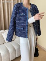 ◈ gsgw Blazers de Tweed azul outono feminino jaqueta elegante Crop