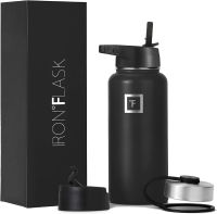 Iron Flask Sports Water Bottle - 32 Oz, 3 Lids (Straw Lid), Leak Proof, Vacuum Insulated Stainless Steel, Double Walled, Thermo Mug, Metal Canteen 32 Oz Midnight Black