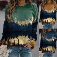 1 Womens Fashion Print Sweatshirt Long Sleeve Casual Blouse Pullover Art Paintings Mountain Forest Shirts Tops