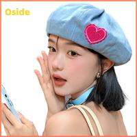 OSIDE สีชมพูอมชมพู หมวกเบเร่ต์เดนิม ระบายอากาศได้ระบายอากาศ รักเชอร์รี่ หมวกปานามา เรโทร กันแดดป้องกันแสงแดด หมวกเด็กขายหนังสือพิมพ์ สำหรับผู้หญิง