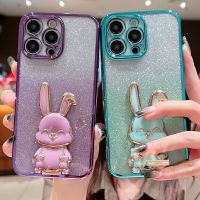 3D เคสโทรศัพท์นิ่มขาตั้งรูปกระต่ายน่ารักสำหรับ IPhone 14 13 12 11 Pro Max XR XS 7 8 Plus SE 2022ชุบกากเพชรเคสกันกระแทก