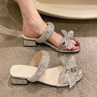 Shiny Crystal Bowtie High Heels Sandals for Women 2023 Summer Square Toe Thick Heeled Slippers Woman Plus Size 42 Outdoor Slides