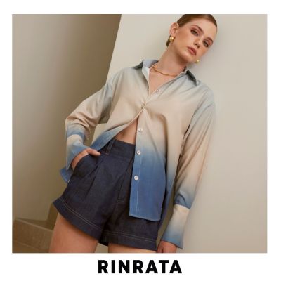 RINRATA - Ocean Shirt เสื้อเชิ้ต แขนยาว ผ้าคอตต้อน กระดุมหน้า  ผ้าพิมพ์ลาย สีฟ้าไล่สี Gradient เสื้อใส่ทำงาน เสื้อใส่เที่ยว ฟ้า ฟรีไซส์