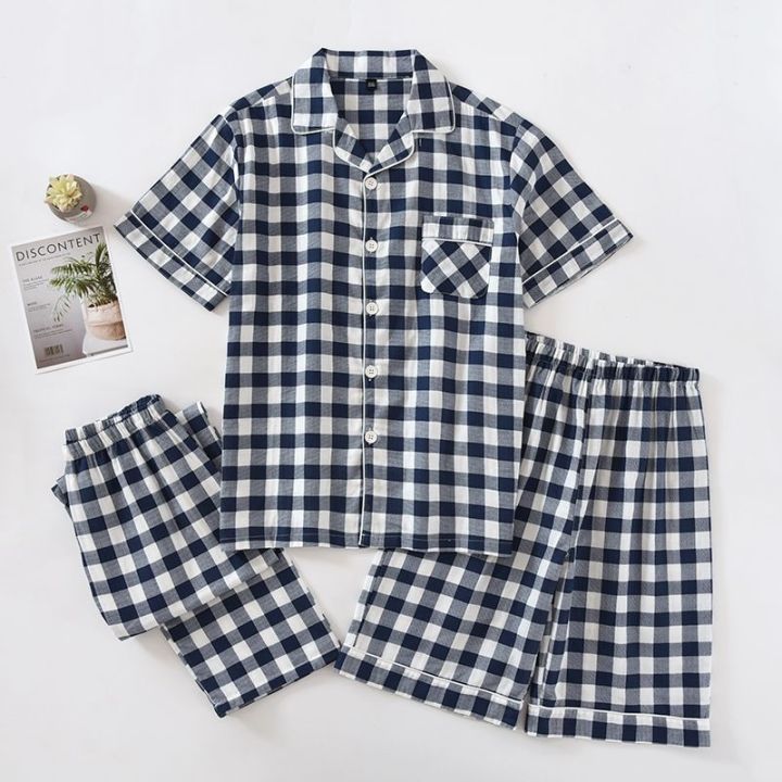 muji-three-piece-plaid-pajamas-mens-summer-thin-cotton-gauze-short-sleeved-trousers-shorts-cardigan-loose-home-clothes