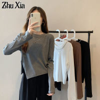 ZhuXia แขนยาวเสื้อยืดสำหรับผู้หญิงเกลียวแขนยาวถักเสื้อยืดผิดปกติบางพอดีเสื้อกล้าม