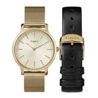 Timex TWG019400 Weekender Classic นาฬิกาข้อมือผู้หญิง Giftset สายสแตนเลส สีทอง แถมสายหนังสีดำ