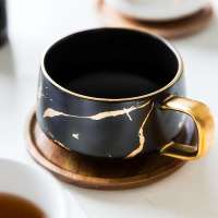 300ml Luxury matte ceramic marble tea coffee Cups and with wood Saucers black and white gold inlay ceramic cups