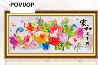 Povuop งานปักครอสติชพิมพ์ลาย5d ใหม่ขนาด130X60ซม. ริบบิ้นปักสามมิติภาพวาดดอกโบตั๋นในห้อง