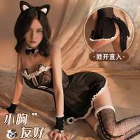 Womens Sexy Lingerie Erotic Cat Girl Cosplay Costumes Lace Dress Tube Top Perspective Nightdress Hollow Out Katze Sex Costume