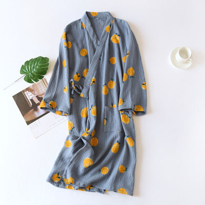 2021 Japanese Style Kimono Spring Summer New 100 Cotton Crepe Ladies Thin Nightgown Women Bathrobe Robe Home Service Pajamas