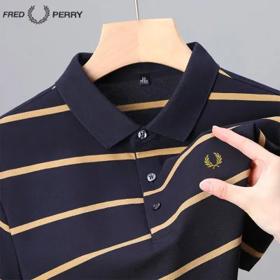 เสื้อยืดแขนสั้น Fred Perry PERRY สำหรับผู้ชายเสื้อโปโล2023ฤดูร้อนเสื้อปักลายทางหูข้าวสาลี