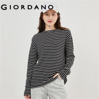 GIORDANO Women T-Shirts Stripe Stretch Comfort Tee Crewneck Long Sleeve Simple Basic Fashion Casual Soft Tshirts 05323796