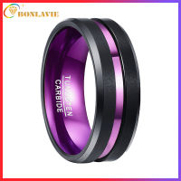 BONLAVIE Mens 8mm Tungsten Carbide Ring Black Brushed Finish Purple Line Comfort Fit Size 7-12