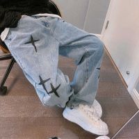 Wide-leg Trousers Trend Embroidered Jeans Mens Straight Trousers Autumn 2022 New Korean Fashion High Street Hip-hop Style Loose