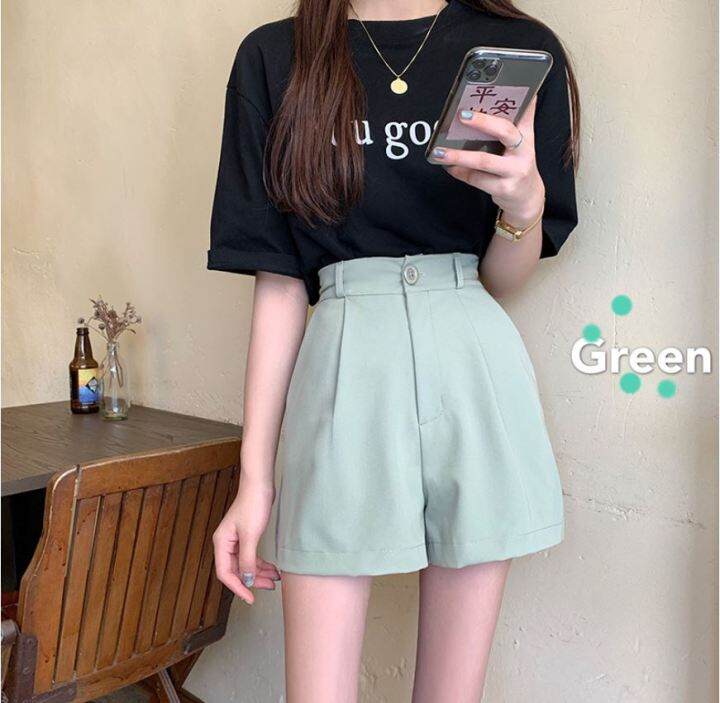 พร้อมส่ง-ล้างสต๊อก-fashion-shorts-กางเกงขาสั้นแฟชั่น-5610-กางเกงสีพื้น-เอวสูง-สม็อคหลัง-ทรงหลวม-วินเทจ